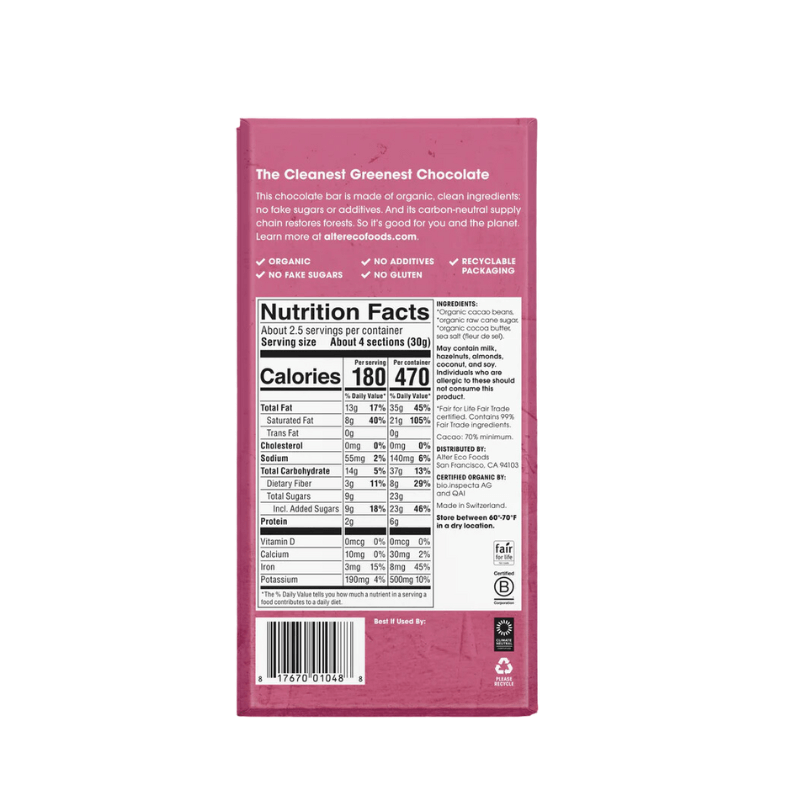 Alter Eco organic dark chocolate with sea salt 80g back of pack nutrition panel, stocked at Joy Wholefoods.