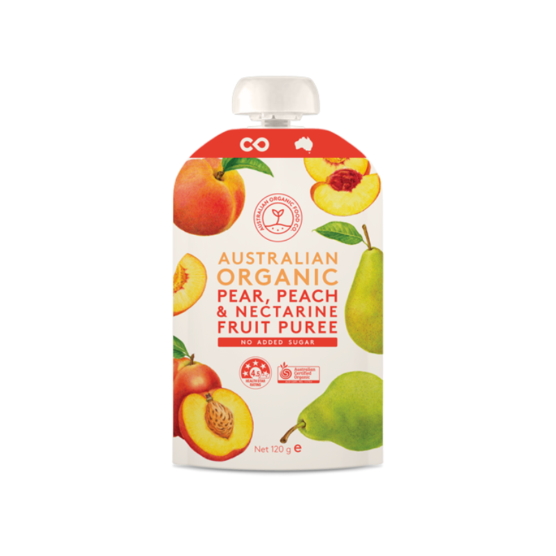 Australian Organic Food Co Puree Peach Pear Nectarine 120gm, featured in the Joy Wholefoods online store.