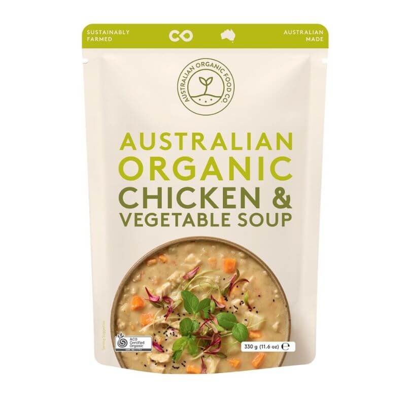 Australian organic food co soup chicken vegetable 330gm, featured in the Joy Wholefoods online store.