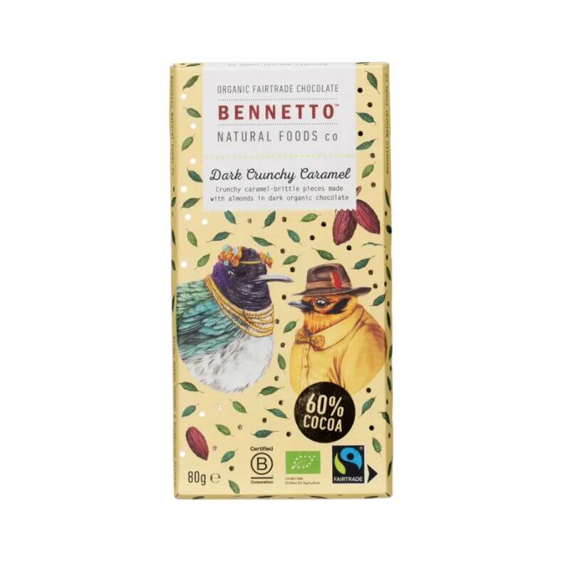 Bennetto Chocolate dark Crunchy Carmael 80g, featured in the Joy Wholefoods online store.