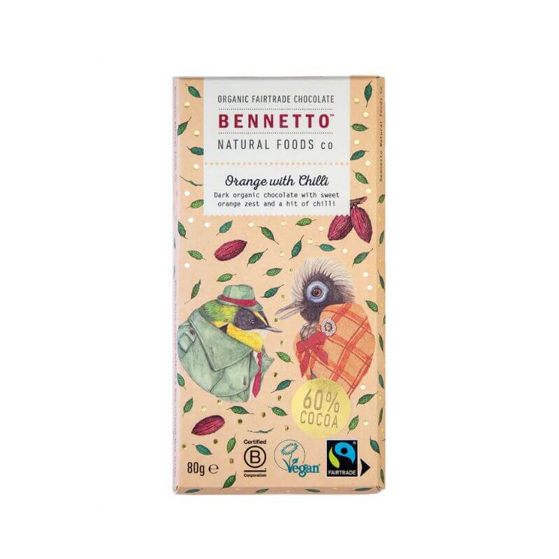 Bennetto Dark Chocolate Orange Chilli 80gm, featured in the Joy Wholefoods online store.