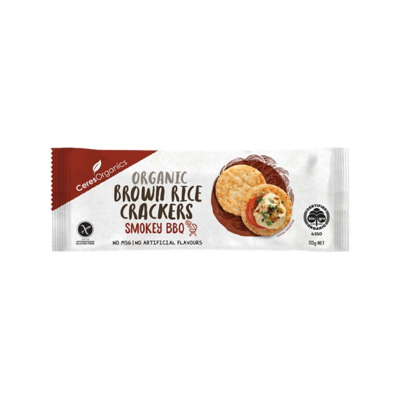 Ceres Brown Rice Crackers Smokey BBQ Certified Organic 115gm, featured in the Joy Wholefoods online store.