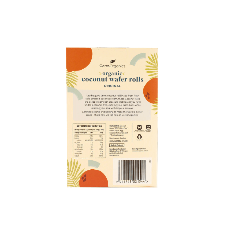 Ceres Organics original coconut wafer rolls 80g, a crunchy organic snack available at Joy Wholefoods.