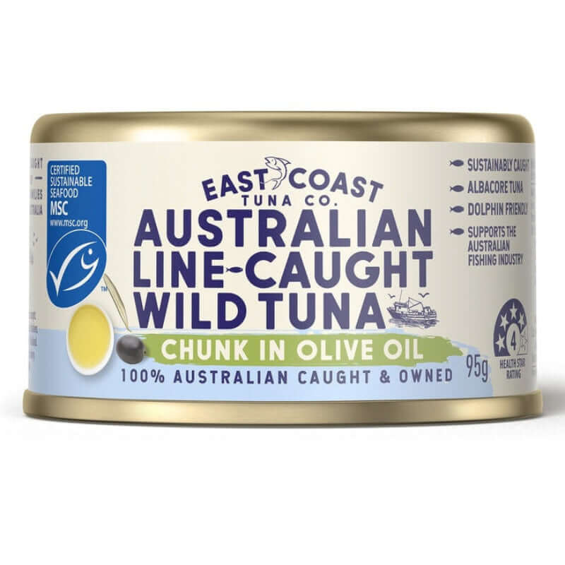 EastCoastTunaCoAustralianLine CaughtwildTunaChunkinOliveOil95g, featured in the Joy Wholefoods online store.