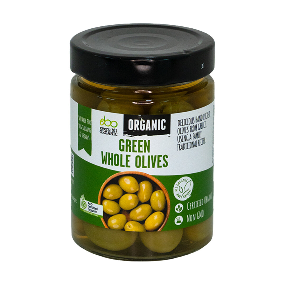 A jar of Doo Enchalane Organic Green Whole Olives with a black lid and a green and white label, shown on a plain white background.