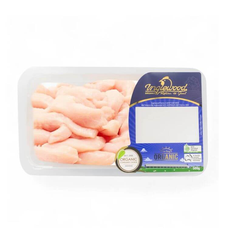 Inglewood Chicken Organic Chicken Stir Fry Strips 450gm, featured in the Joy Wholefoods online store.