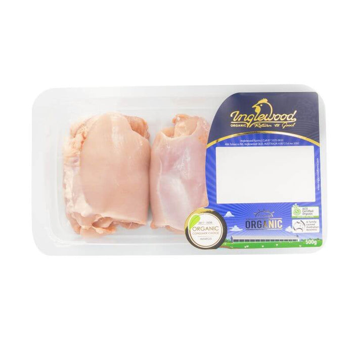 Inglewood Organic Chicken Thigh Fillets Skinless 500gm, featured in the Joy Wholefoods online store.
