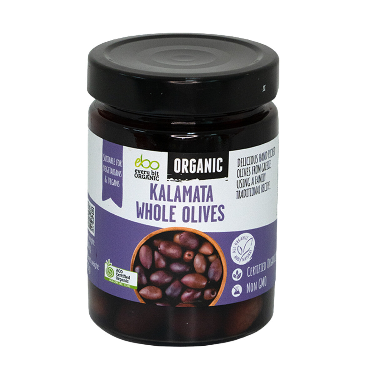 A jar of eco-bountiful Organic Kalamata Whole Olives with a black lid and a purple and white label, shown on a plain white background.