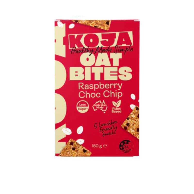 Koja Oat Bites Raspberry Choc Chip 150gm, featured in the Joy Wholefoods online store.