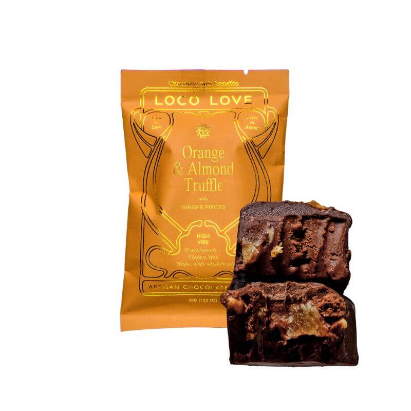 Loco Love orange almond truffle single, featured in the Joy Wholefoods online store.