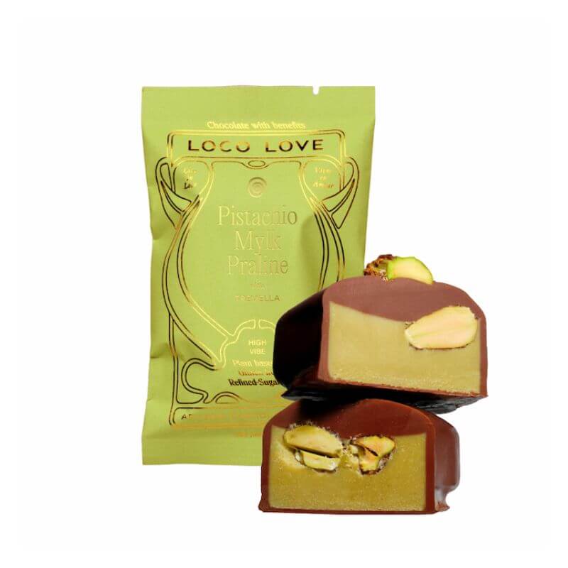 Loco Love pistachio mylk praline single, featured in the Joy Wholefoods online store.