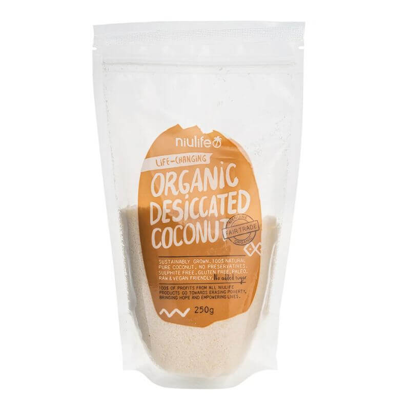NiuLife Organic Desiccated Coconut 250gm, featured in the Joy Wholefoods online store.
