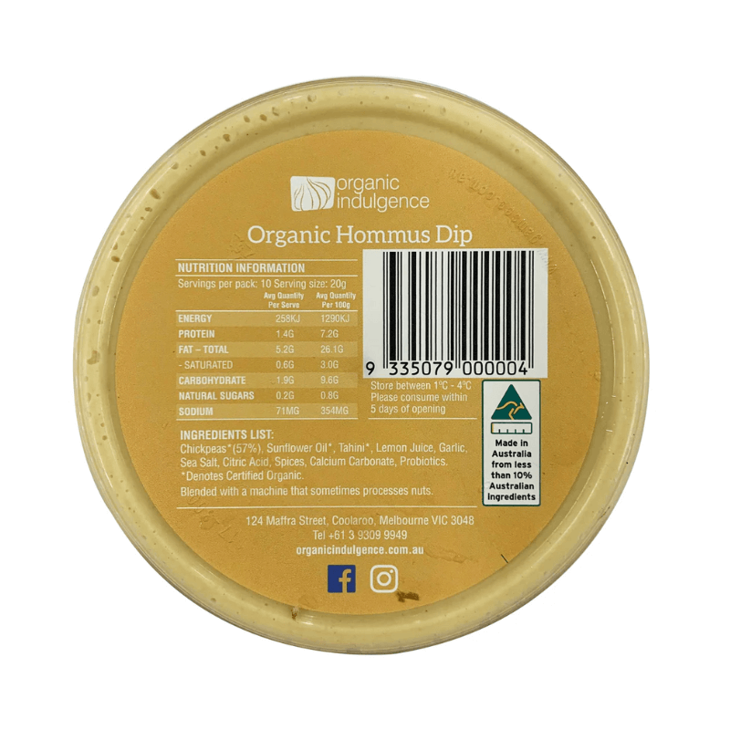 Organic Indulgence hommus 200g nutrition panel and ingredients list, available from Joy Wholefoods.