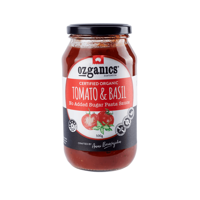 OzGanics Certified Organic pasta sauce tomato basil 500gm, featured in the Joy Wholefoods online store.