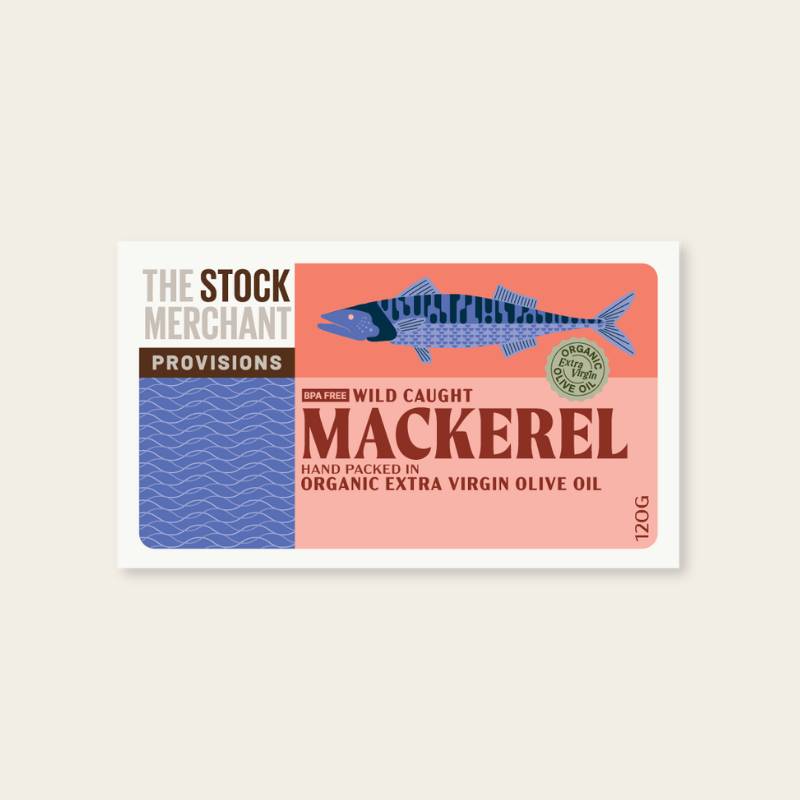 The Stock Merchant Mackerel Wild Caught Organic Extra Virgin Olive Oil, featured in the Joy Wholefoods online store.