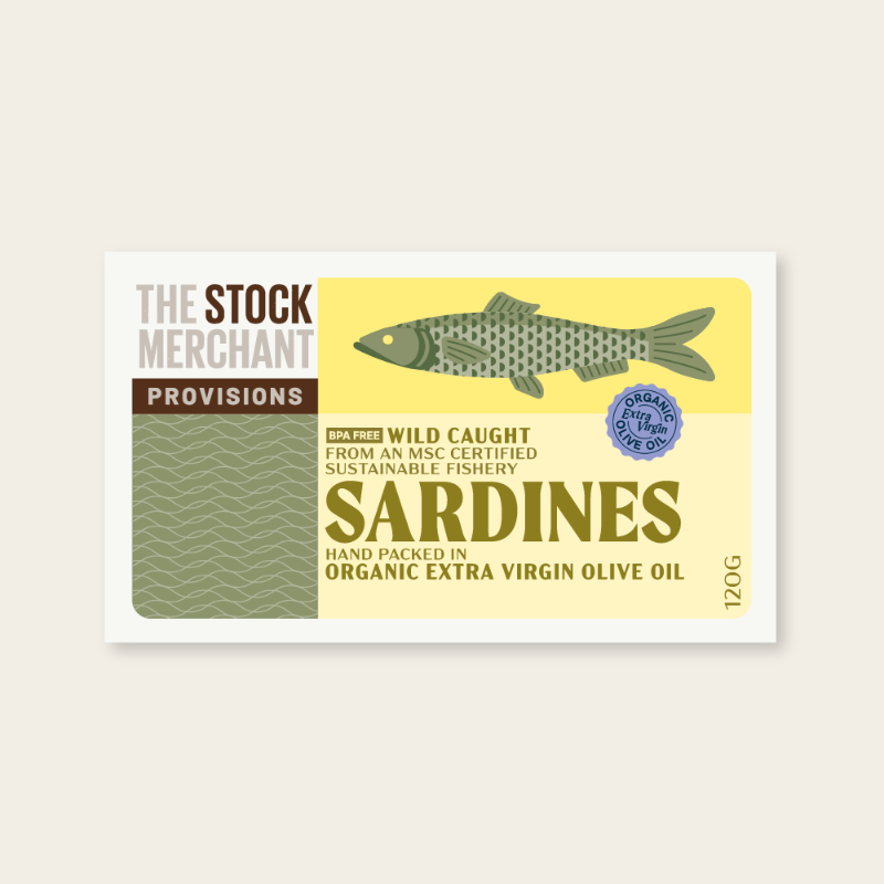 The Stock Merchant Sardines Wild Caught Organic Extra Virgin Olive Oil, featured in the Joy Wholefoods online store.