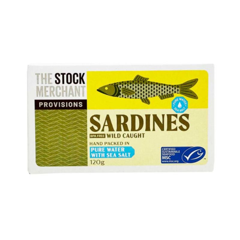 The Stock Merchant Wild Caught Sardines Pure Water 120gm, featured in the Joy Wholefoods online store.