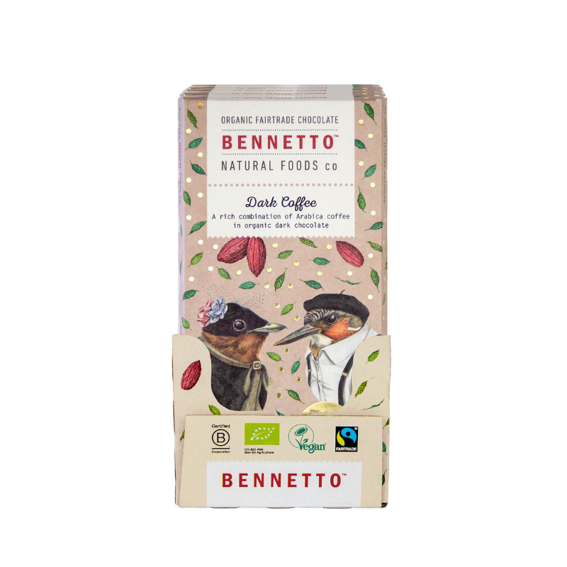 Bennetto Natural Foods Co. Dark Coffee organic fairtrade chocolate bar packaging, featuring a beige background decorated with red coffee cherries, green leaves, and an illustration of a woodpecker.