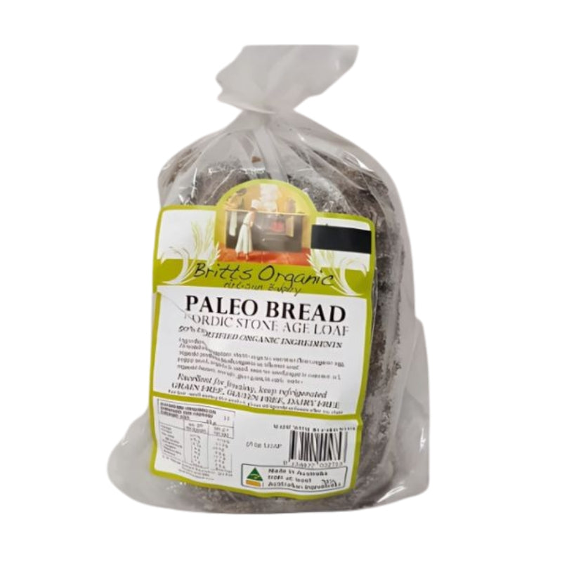 Britt’s Organic Bakery Paleo Stone Age Bread Loaf, 560g, a wholesome seeded bread loaf made with nuts and organic ingredients.