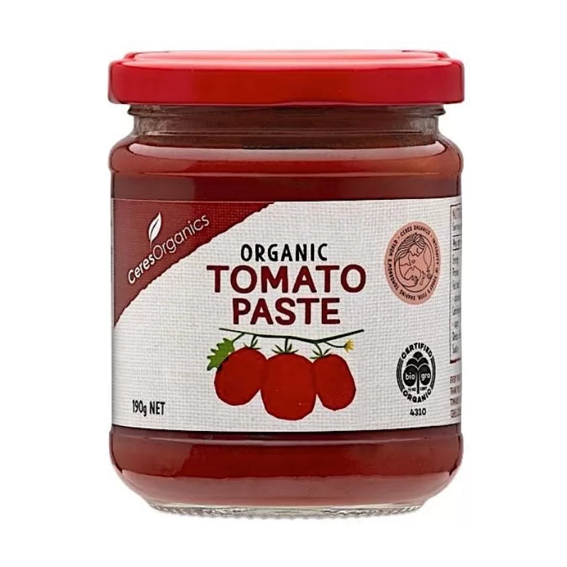 A 190g glass jar of Ceres Organics Organic Tomato Paste with a red lid and a white label featuring red tomatoes, set against a plain white background.