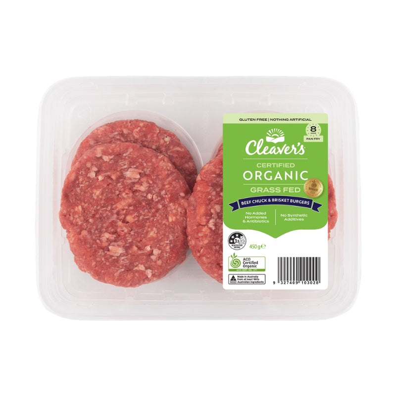 A clear plastic tub of Cleaver's Certified Organic Grass Fed Beef Chuck and Brieux Burger patties, showing three raw red patties with a green and white product label on a white background.