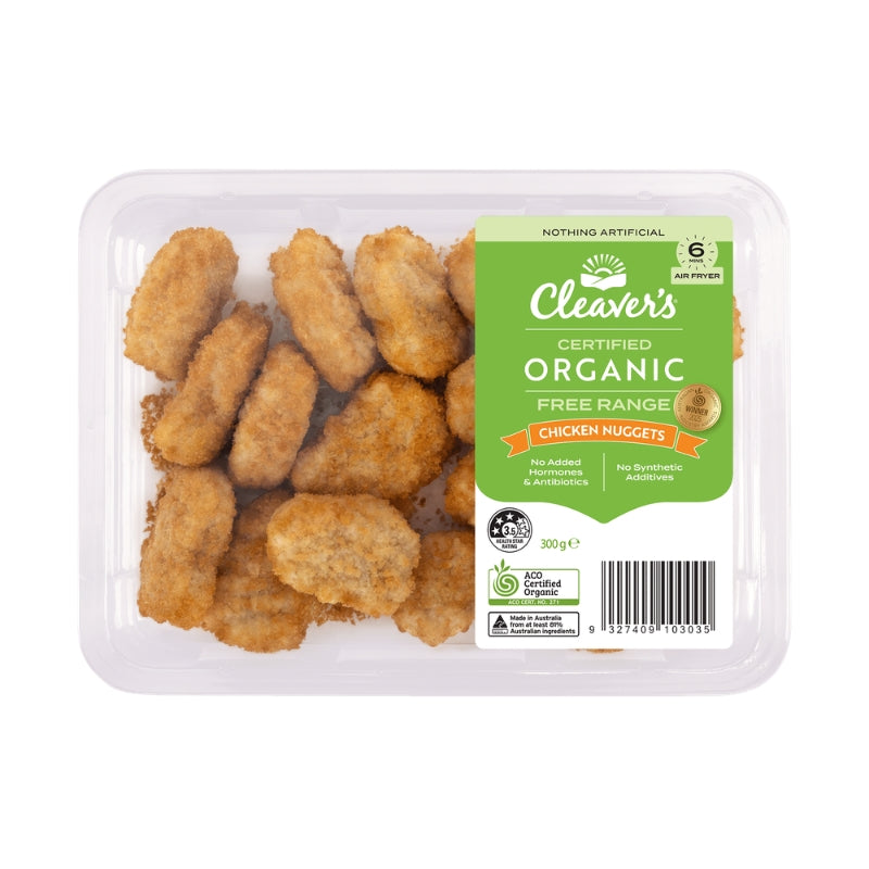 Cleaver's Certified Organic Free Range Chicken Nuggets in a clear plastic tray with a green and white label, on a white background.