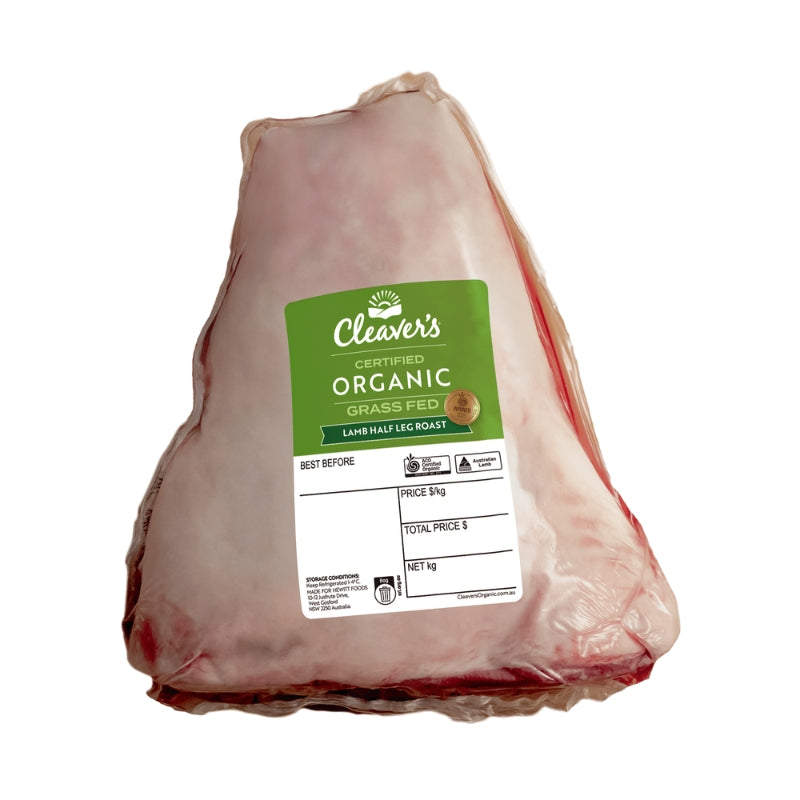A packaged half rack of lamb meat on a white background, with a green and white Cleaver's Organic Grass Fed label on the front.