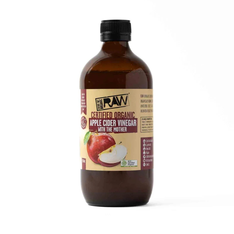 A bottle of RAW brand Certified Organic Apple Cider Vinegar with the Apple and Red Apple graphic on the label, set against a plain white background.