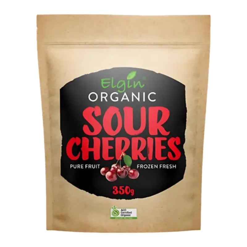 Organic Sour Cherries 350g frozen resealable kraft bag, ACO certified organic, pure fruit frozen fresh