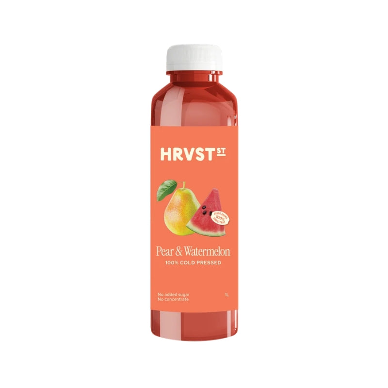 A bottle of HRVST HRV Pear & Watermelon cold-pressed juice, featuring a white cap and a peach-colored label with illustrations of a pear and a watermelon slice, set against a plain white background.