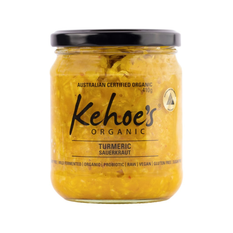 Organic Turmeric Sauerkraut is fresh, crunchy, raw and probiotic. Fermented using traditional methods.