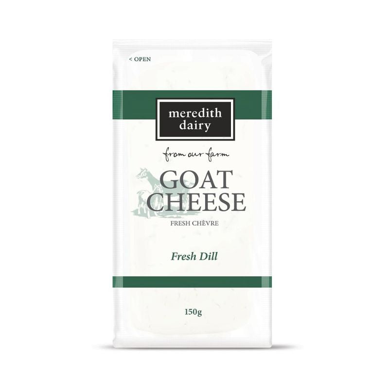 A package of Meredith Dairy fresh chèvre goat cheese flavored with fresh dill, labeled “from our farm” and weighing 150g.