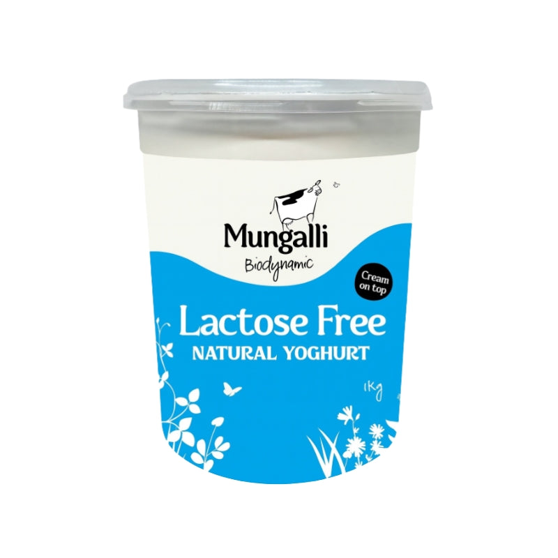 A 1kg tub of Mungalli Lactose Free Natural Yoghurt on a plain white background. The tub has a white and blue label with a clear lid.