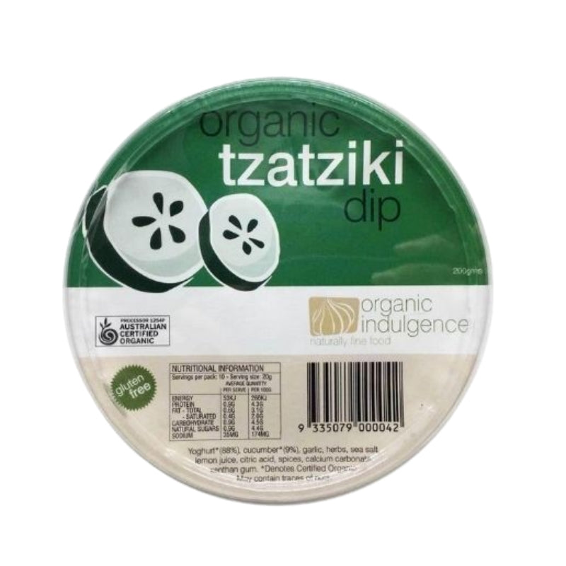 A round plastic tub of Organic Tzatziki Dip from Naturally Indulge, featuring a green and white label with cucumber illustrations and a barcode.