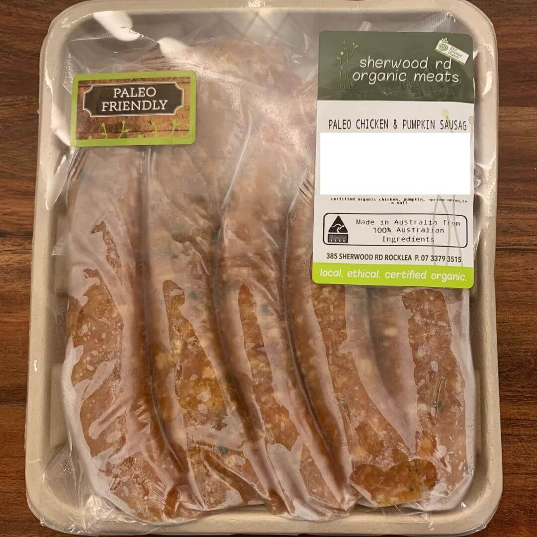 Sherwood rd organic meats chicken pumpkin sausages spray free, featured in the Joy Wholefoods online store.