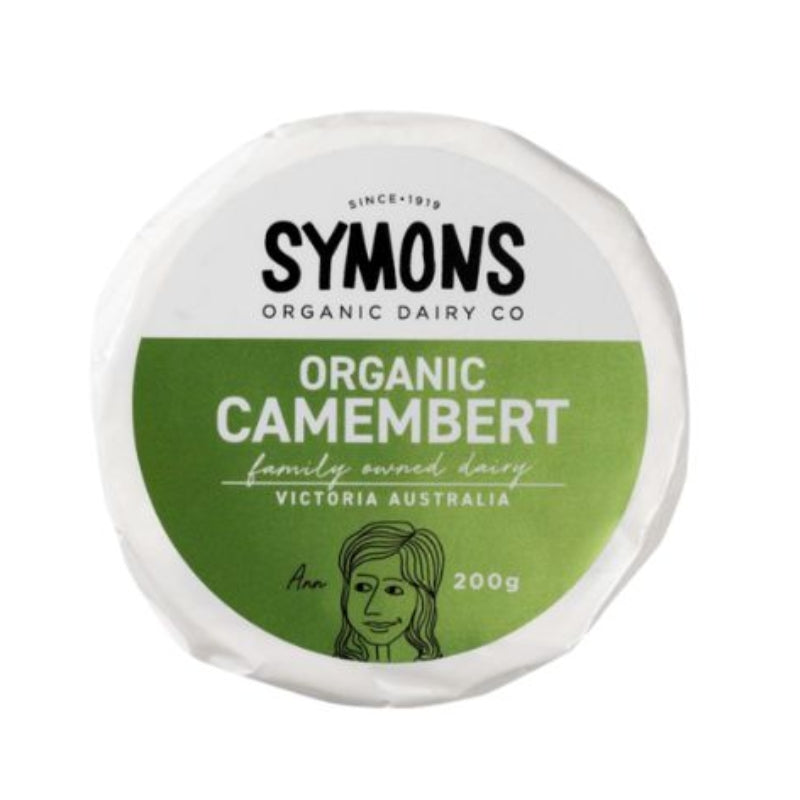A 200g wheel of Symons Organic Camembert cheese, showing its white and green paper packaging on a clean white background.