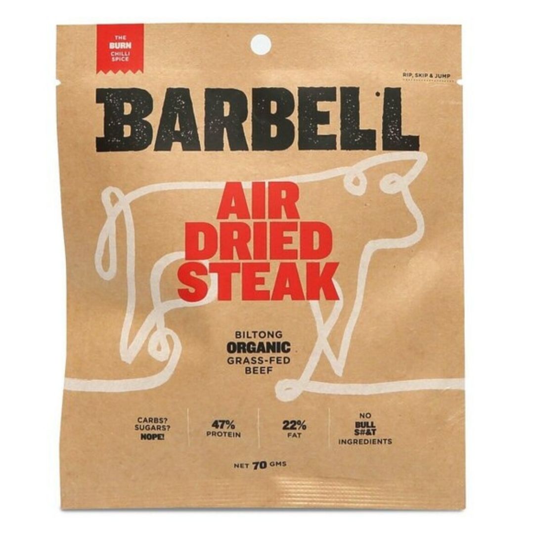 Barbell Air Dried Steak Biltong Organic Grass Fed Brisbane Chilli, part of the Joy Wholefoods organic range.