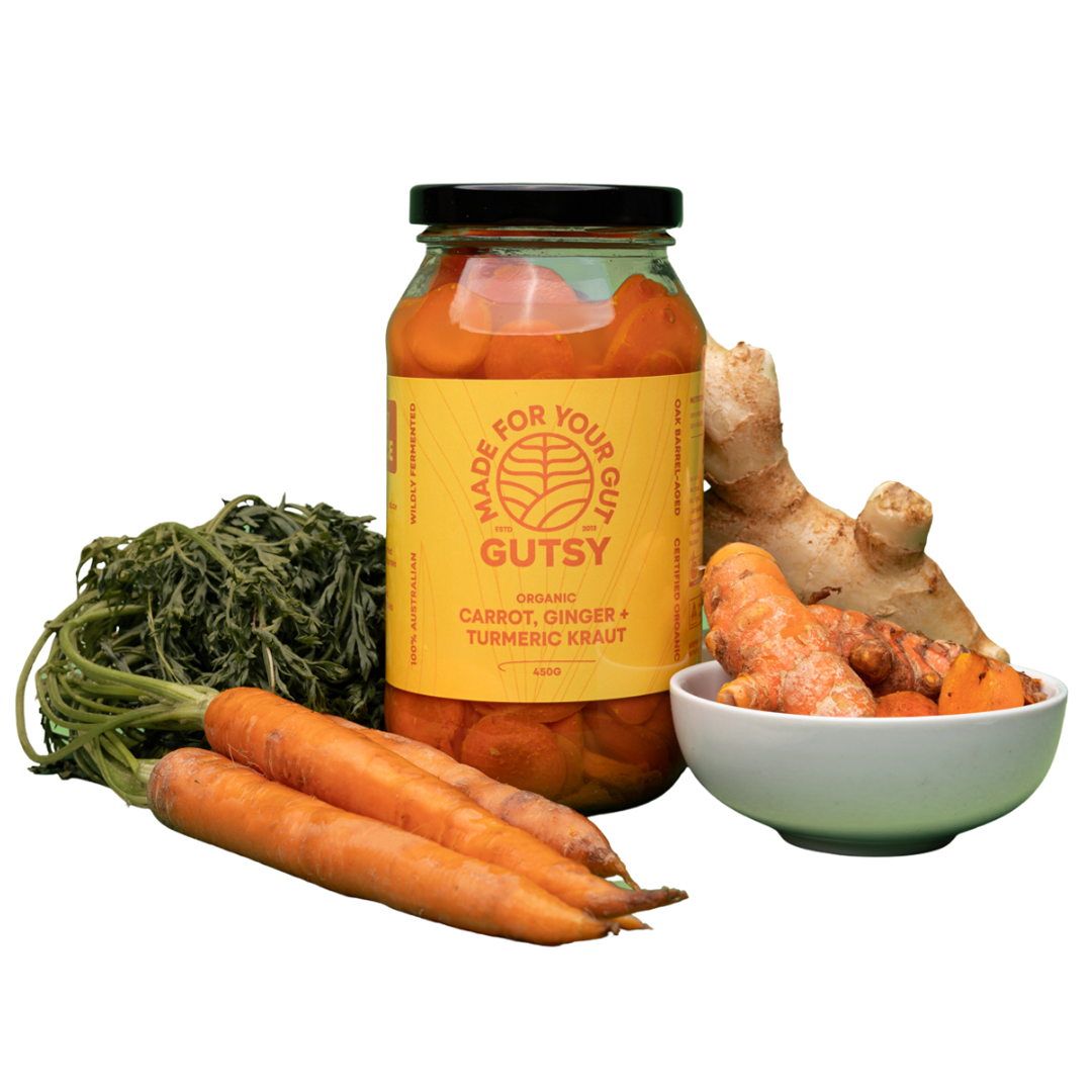 Carrot Ginger TurmericKrautonWhitecopy, part of the Joy Wholefoods organic range.