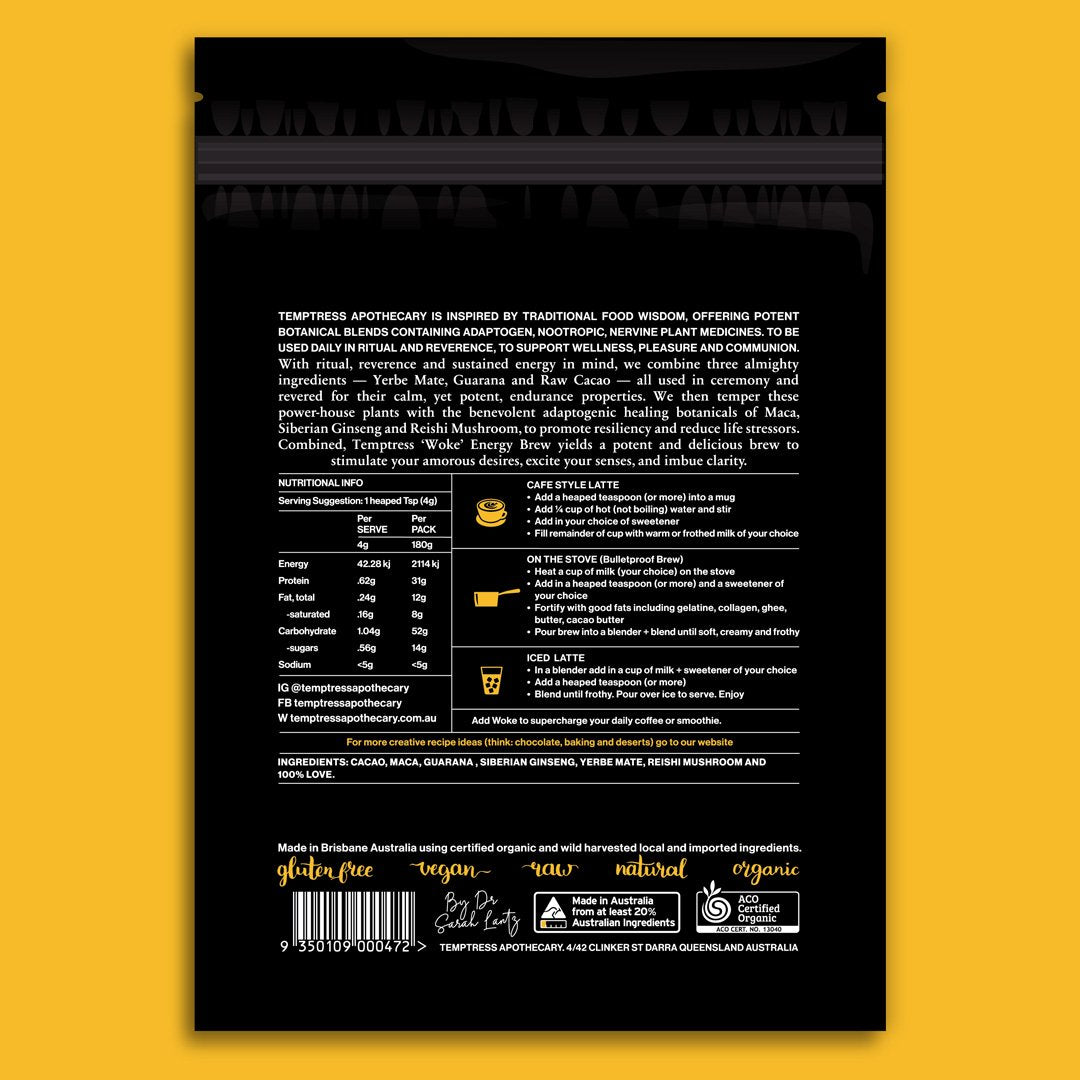 Woke organic energy brew coffee replacement, back of pack nutrition and ingredients, stocked at Joy Wholefoods.
