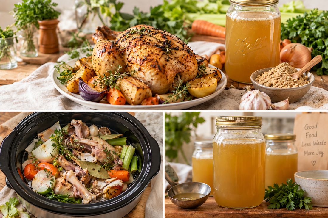 Roast chicken transformed into homemade bone broth with fresh vegetables and herbs for nourishing, low-waste wholefood cooking at home.