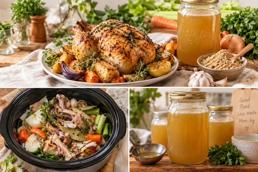 Roast chicken transformed into homemade bone broth with fresh vegetables and herbs for nourishing, low-waste wholefood cooking at home.