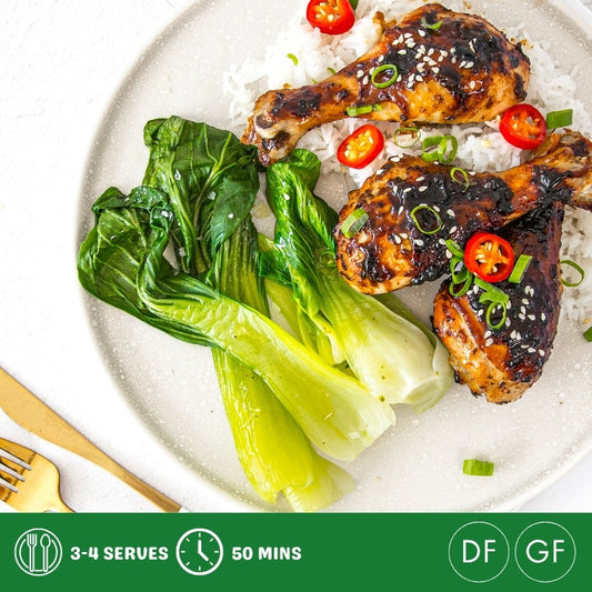 Honey Soy Chicken Drumsticks with Asian Greens