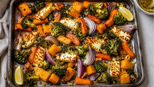 Bake crispy roast broccoli and carrots in a pan.