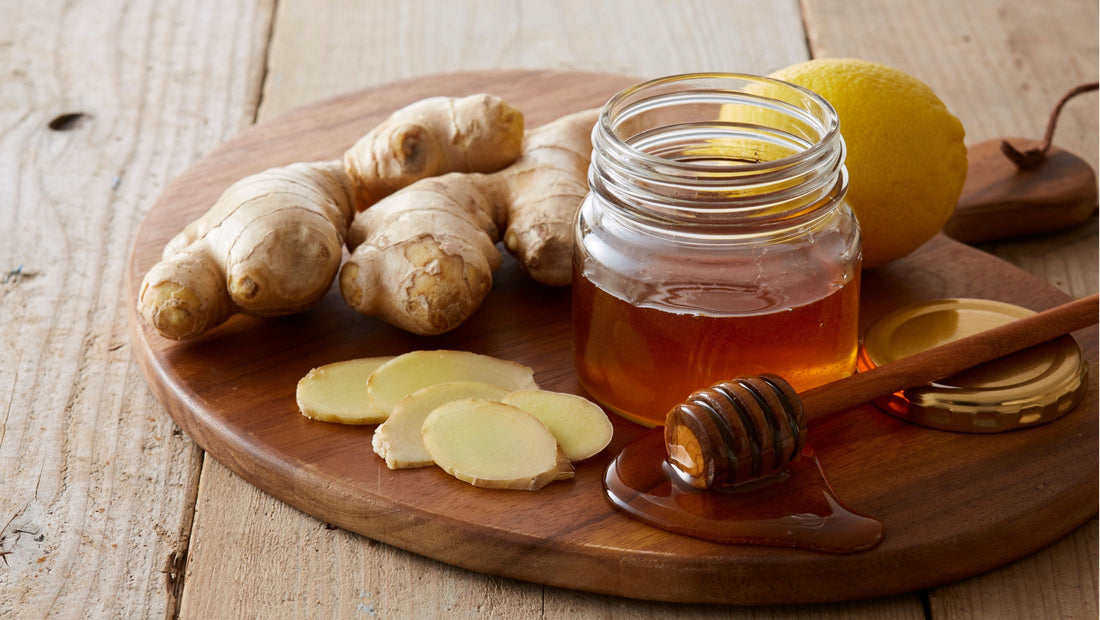 spray-free ginger on chopping board with some raw honey and lemon