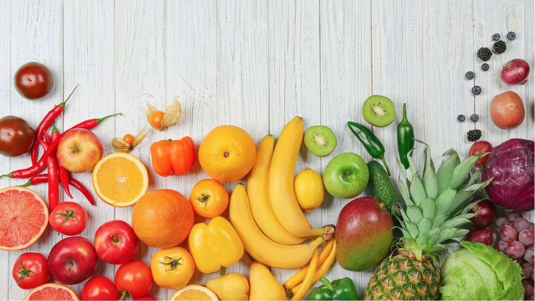 Rainbow assortment of fresh fruit and vegetables