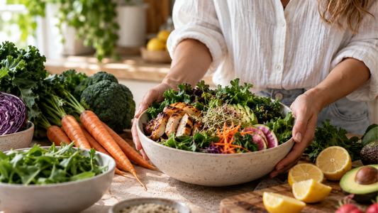 Fresh organic vegetables and seasonal produce prepared into a healthy wholefood meal, available from Joy Wholefoods in Brisbane.