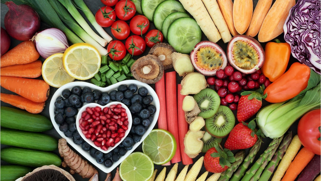 Fresh fruit and vegetables displayed together, accompanying a blog article about healthy eating and organic food in Brisbane