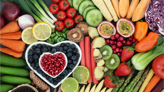 Fresh fruit and vegetables displayed together, accompanying a blog article about healthy eating and organic food in Brisbane