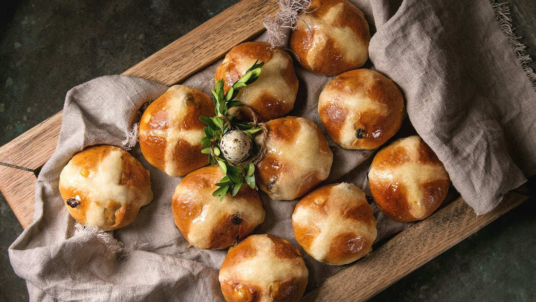 hot cross buns on a tray