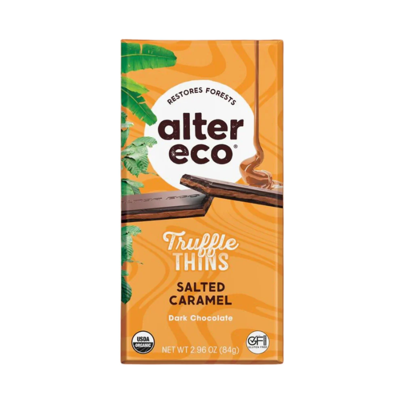 Alter Eco Chocolate Truffle Thins Salted Caramel 80gm, featured in the Joy Wholefoods online store.
